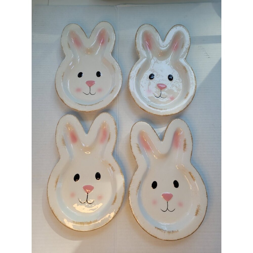 4 EASTER CERAMIC BUNNY  PLATES Adorable Rabbit Faces OR EASTER CANDY DISH